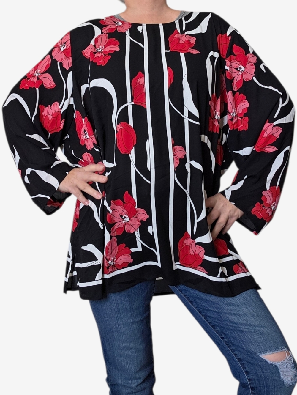 Liz Claiborne Semi Sheer Black Blouse with Red Floral Design Size 3X